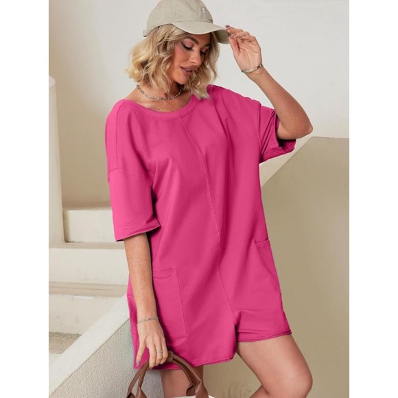 Dresses & Skirts - Hot Pink Short Sleeve T-Shirt romper Hot shot with Pockets Relaxed Fit Small